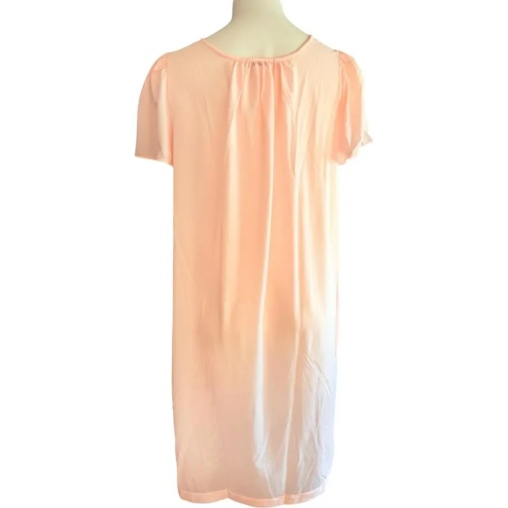 Shadowline Vintage Pink Embroidered Rose Nightgown, New Old Stock Nylon Sz S